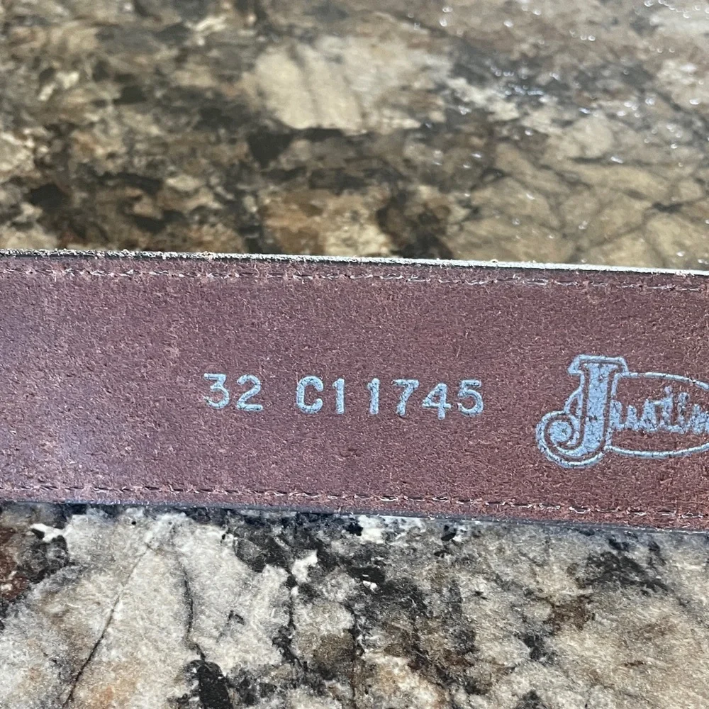 Justin Brown Leather Men's Belt Weatern 32 USA Antique Silver-Tone Buckle Rodeo